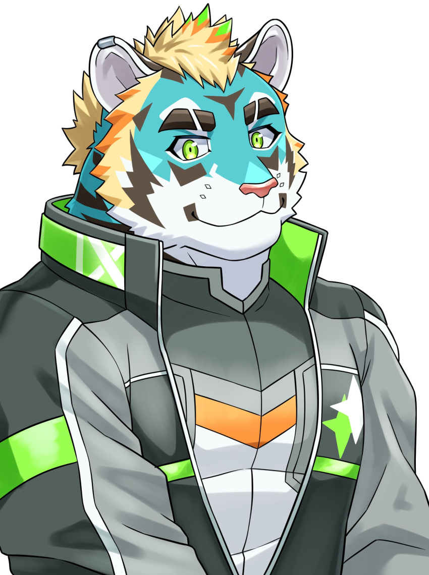 anthro blonde_hair blue_body blue_fur eyebrows felid fur green_eyes hair hi_res kurefusa_kotora lifewonders live_a_hero male mammal pantherine rexer smile solo striped_body striped_fur stripes thick_eyebrows tiger