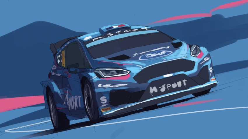 blue_theme car ford ford_puma french_flag highres motor_vehicle no_humans png_pant_(bus) race_vehicle racecar rally_car shadow sketch spoiler_(automobile) vehicle_focus world_rally_championship