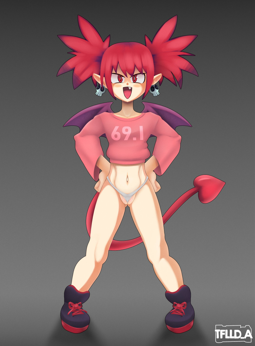 5tflldartist5 butt_from_the_front chainsaw_man clothing cosplay demon demon_humanoid disgaea ear_piercing etna_(disgaea) eyelashes female footwear front_view genitals grey_background hair hand_on_hip hi_res humanoid humanoid_pointy_ears looking_at_viewer navel nippon_ichi_software open_mouth panties piercing pink_clothing pink_topwear power_(chainsaw_man) purple_clothing purple_footwear purple_shoes pussy pussy_floss red_eyes red_hair red_tail shoes simple_background snaggle_tooth solo spade_tail tail tailed_humanoid tan_body tan_skin topwear underwear white_clothing white_panties white_underwear winged_humanoid wings