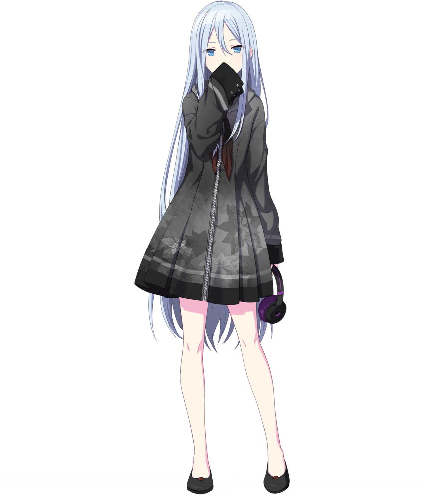 1girl black_footwear blue_eyes covered_mouth covering_own_mouth expressionless full_body grey_hair hair_between_eyes hand_over_own_mouth headphones highres holding holding_headphones long_hair long_sleeves looking_to_the_side non-web_source official_art project_sekai sleeves_past_fingers sleeves_past_wrists solo straight_hair tachi-e transparent_background very_long_hair yoisaki_kanade