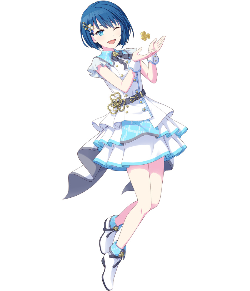 1girl :d belt blue_eyes blue_hair bob_cut full_body hair_ornament highres kiritani_haruka layered_skirt non-web_source official_art one_eye_closed project_sekai shirt short_hair short_sleeves skirt smile solo tachi-e transparent_background white_footwear white_shirt white_skirt wrist_cuffs