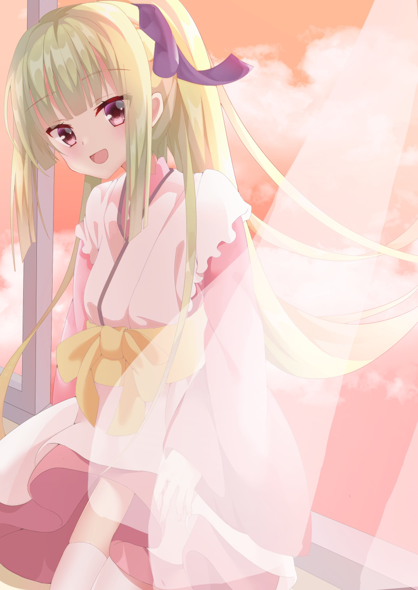 1girl :d absurdres arms_at_sides blunt_bangs blunt_ends blush commentary_request cowboy_shot curtains eyes_visible_through_hair floating_clothes floating_hair green_hair hair_ribbon happy highres hime_cut indoors japanese_clothes kimono long_hair long_sleeves looking_at_viewer murasame_(senren) official_alternate_costume official_alternate_hairstyle open_mouth pink_kimono ponytail purple_ribbon red_eyes ribbon sash senren_banka shikoziro sidelocks sitting smile solo straight_hair sunset thighhighs tsurime very_long_hair white_thighhighs wide_sleeves wind yellow_sash