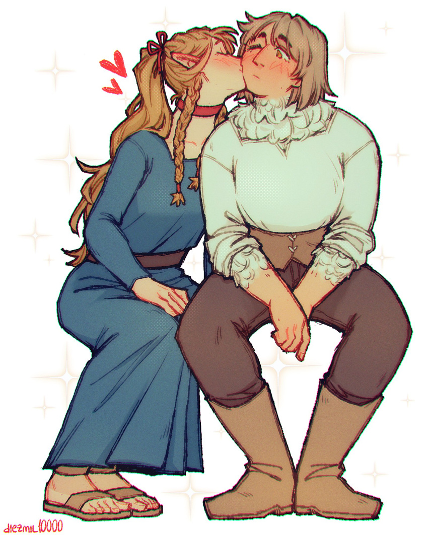 2girls belt blonde_hair blue_dress blush boots brown_eyes brown_footwear brown_pants choker chromatic_aberration closed_eyes commentary diezmil10000 dress dungeon_meshi elf falin_thorden falin_thorden_(tallman) feathers full_body grey_hair heart highres kiss kissing_cheek long_hair long_sleeves marcille_donato multiple_girls one_eye_closed pants pointy_ears red_choker sandals shirt short_hair simple_background sitting sparkle symbol-only_commentary toes white_background white_shirt