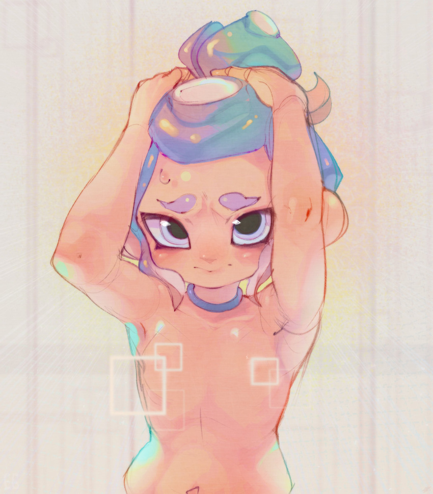 1girl agent_8_(splatoon) armpits arms_up blonde_hair blue_choker blue_hair blush choker closed_mouth completely_nude embarrassed english_commentary flat_chest furrowed_brow gradient_hair hands_on_own_head high_ponytail highres looking_at_viewer multicolored_hair nipples nude octoling octoling_girl octoling_player_character onimiere purple_eyes purple_hair solo splatoon_(series) splatoon_3 splatoon_3:_side_order suction_cups sweat tentacle_hair thick_eyebrows upper_body