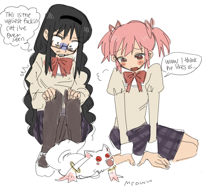 2girls :d absurdres akemi_homura alien black_hair black_pantyhose blush_stickers braid disgust english_commentary english_text frown headband highres juliet_sleeves kaname_madoka kyubey long_sleeves mahou_shoujo_madoka_magica multiple_girls pantyhose pink_hair puffy_sleeves red_eyes red_ribbon ribbon semi-rimless_eyewear shaded_face short_twintails simple_background sitting skirt smile speech_bubble thought_bubble twintails white_background y4ntaoist