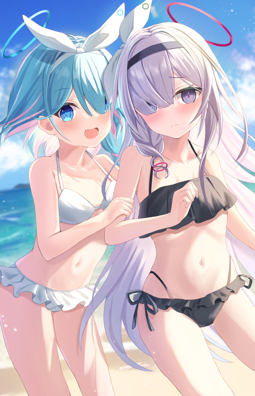 2girls :d absurdres arm_grab arona_(blue_archive) bare_arms beach bikini black_bikini blue_archive blue_eyes blue_hair blue_halo blue_sky blunt_bangs blush braid breasts bright_pupils clenched_hand closed_mouth collarbone colored_inner_hair commentary_request cowboy_shot day frilled_bikini frills grabbing_another's_arm grey_eyes hair_over_one_eye hair_ribbon halo halterneck halto happy highleg highleg_bikini highres hutaba_miyagi light_particles long_bangs long_hair looking_at_viewer multicolored_hair multiple_girls navel ocean open_mouth outdoors pink_hair plana_(blue_archive) red_halo red_pupils ribbon short_hair shy sidelighting single_braid sky small_breasts smile stomach straight_hair sunlight swimsuit tsurime very_long_hair white_bikini white_ribbon