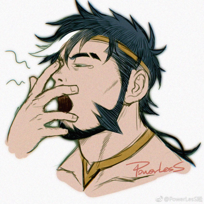 bara beard covering_own_mouth cropped_head eyebrow_cut facial_hair full_beard hand_over_own_mouth highres male_focus mature_male medium_hair multicolored_hair original powerlesssong sleepy streaked_hair teardrop tiara yawning