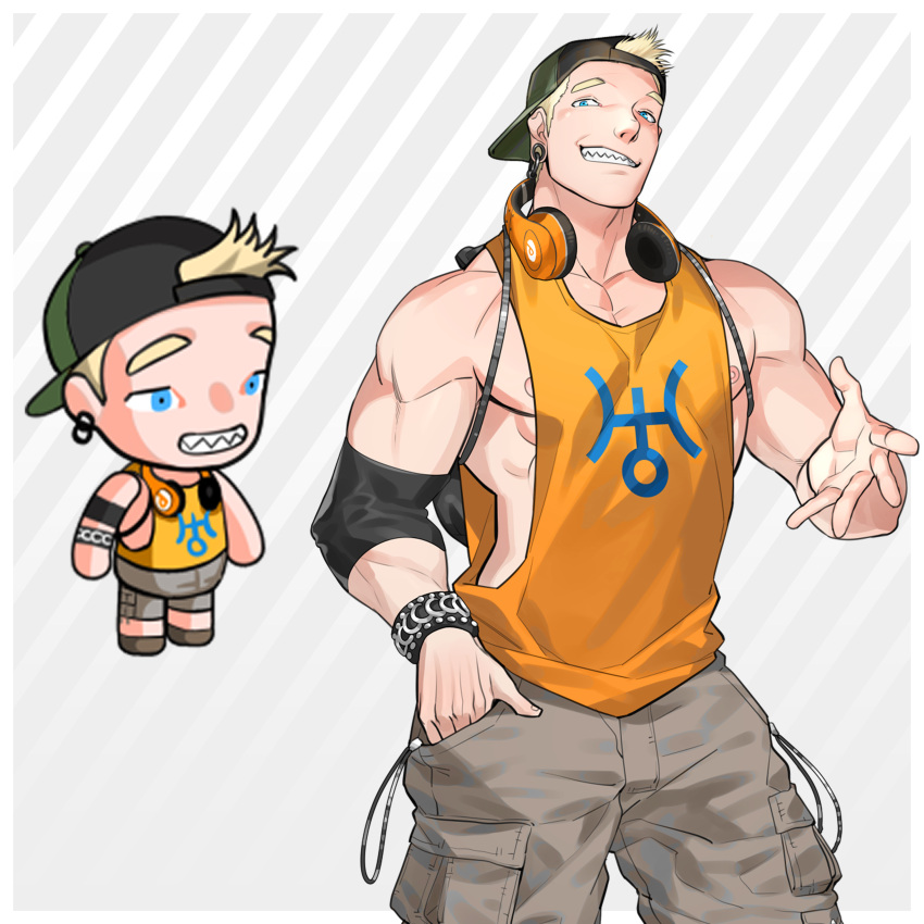 1boy absurdres backwards_hat bara bare_shoulders baseball_cap cargo_pants character_request chibi cowboy_shot ero_condo hat headphones headphones_around_neck highres kienbiu large_pectorals male_focus muscular muscular_male nipple_slip nipples official_alternate_costume orange_shirt paid_reward_available pants pectorals shirt short_hair sidepec simple_background sleeveless sleeveless_shirt solo standing