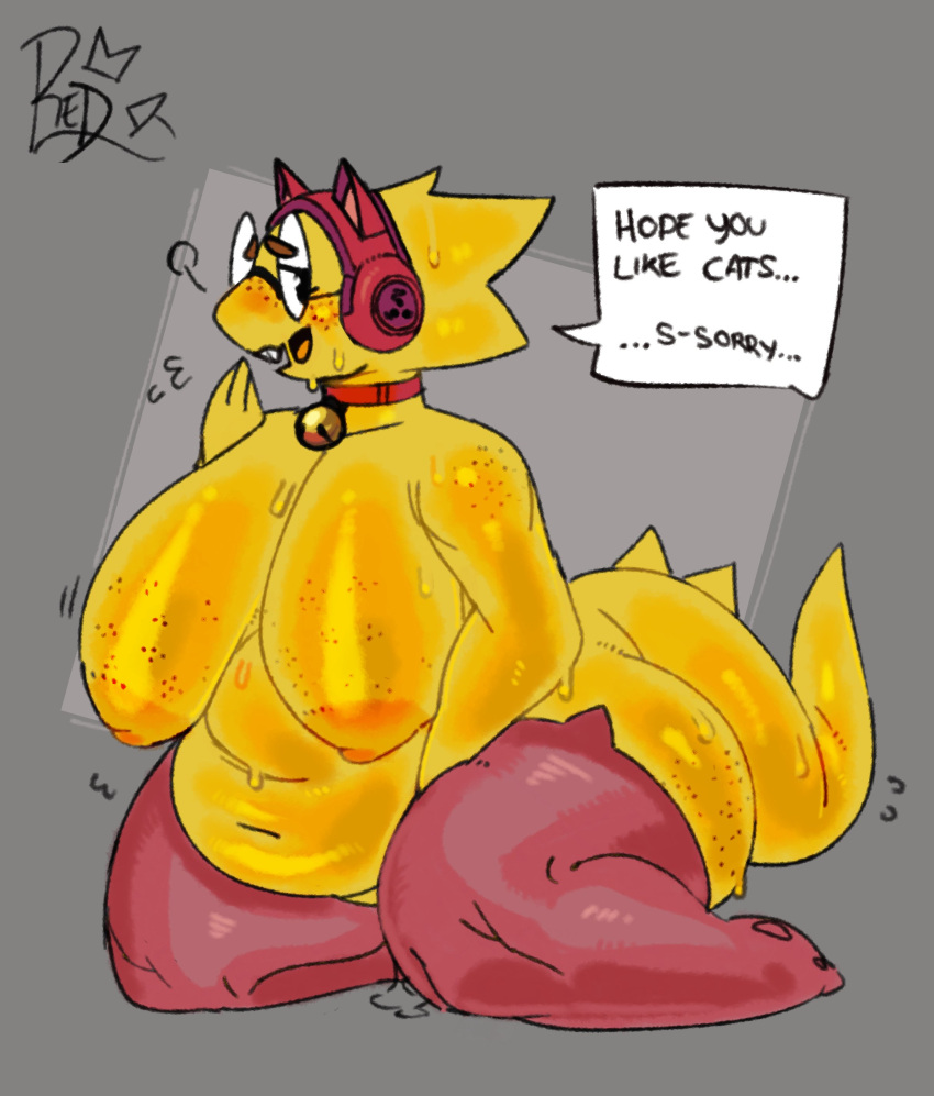 absurd_res alphys anthro areola bell bell_collar belly big_belly big_breasts big_butt blush bodily_fluids breasts buckteeth butt cat_headphones clothing collar dialogue english_text eyewear female freckles genital_fluids glasses hi_res huge_breasts huge_butt huge_thighs kneeling legwear lizard looking_at_viewer mostly_nude obese obese_anthro obese_female open_mouth open_smile overweight overweight_anthro overweight_female redactedinlight reptile scales scalie signature simple_background smile solo speech_bubble sweat tail tail_spines teeth text thick_tail thick_thighs thigh_highs three-quarter_view undertale_(series) vaginal_fluids wide_hips yellow_body yellow_scales