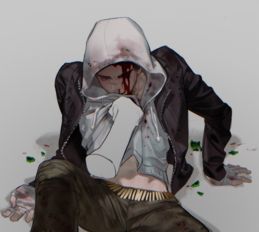 1boy abs bandaged_hand bandages black_jacket blood blood_on_clothes blood_on_face blood_on_hands c2h4_(1849155751) clothes_lift dead_by_daylight from_above hand_on_floor highres hitting hood hoodie hoodie_lift jacket leaning_back looking_down male_focus nosebleed open_clothes open_jacket pov pov_hands scar scar_on_face simple_background sitting spread_legs the_legion_(dead_by_daylight) upper_body white_hoodie