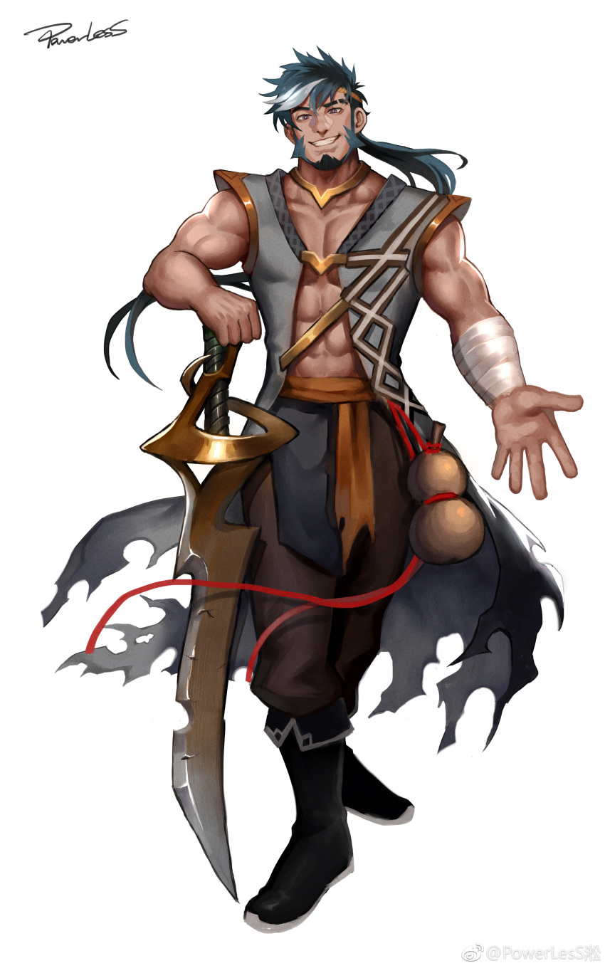 1boy absurdres bara bare_shoulders beard facial_hair full_beard full_body gold gourd greatsword grin highres male_focus mature_male muscular muscular_male mutton_chops original outstretched_hand pectoral_cleavage pectorals planted powerlesssong sleeveless smile solo standing striped_clothes sword tachi-e thick_eyebrows weapon white_background
