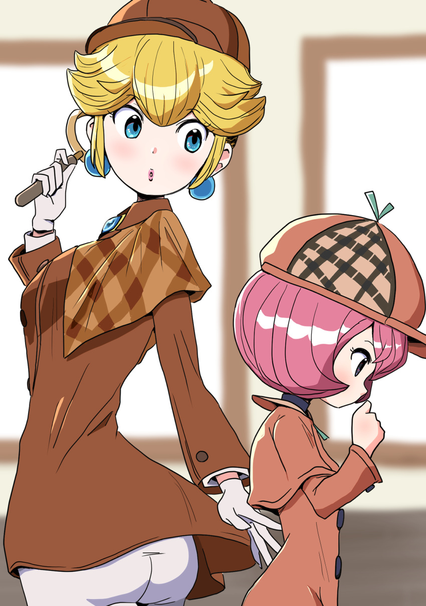 2girls absurdres blonde_hair blue_eyes blurry blurry_background brooch brown_coat cabbie_hat capelet coat deerstalker depth_of_field detective_peach detesu earrings gloves hand_on_own_chin hat highres holding holding_magnifying_glass indoors jacket jewelry looking_to_the_side looking_up magnifying_glass mario_(series) multiple_girls official_alternate_costume official_alternate_hairstyle pink_hair princess_peach princess_peach:_showtime! sheila_bell short_hair solo sphere_earrings surechigai_meikyuu white_gloves