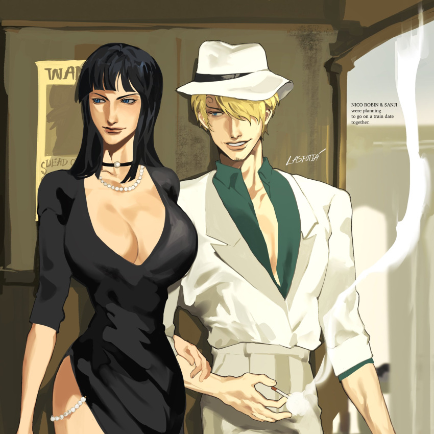 1boy 1girl black_dress black_hair blonde_hair breasts cigarette collarbone couple dating denim dress hannacott_la highres jeans large_breasts nico_robin one_piece pants sanji_(one_piece) shirt smoking tall_female tall_male train