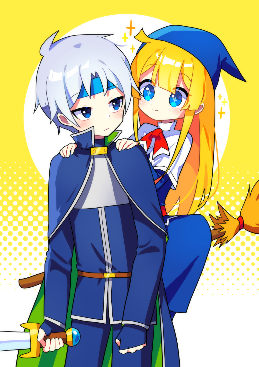 +_+ 1boy 1girl absurdres blonde_hair blue_eyes blue_gloves blush broom closed_mouth fingerless_gloves gloves grey_hair highres holding holding_sword holding_weapon long_hair long_sleeves looking_at_another offbeat puyopuyo schezo_wegey short_hair smile sword weapon witch_(puyopuyo)