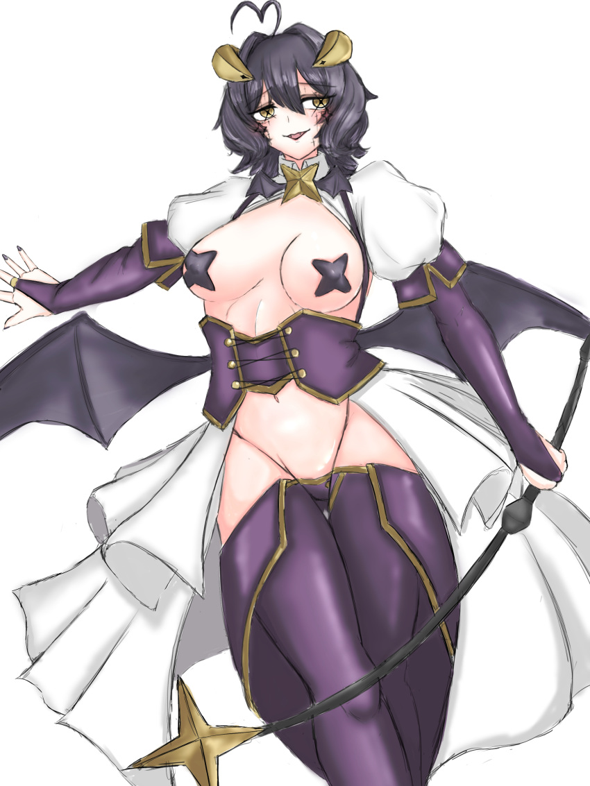 1girl absurdres akdd4223 bat_wings blush breastless_clothes breasts corset cross cross_facial_mark cross_pasties facial_mark fold-over_gloves forward_facing_horns highres holding_riding_crop horns looking_at_viewer low_wings lowleg lowleg_pants magia_baiser mahou_shoujo_ni_akogarete navel pants pasties purple_corset purple_hair purple_nails purple_pasties showgirl_skirt tongue tongue_out white_shrug wings yellow_eyes yellow_horns