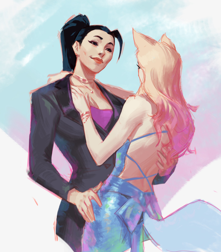 2girls absurdres ahri_(league_of_legends) backless_dress backless_outfit black_eyes black_hair black_jacket blonde_hair blue_dress closed_mouth couple cowboy_shot dimple dress eye_contact hand_on_another's_back hand_on_another's_hip highres jacket jeremy_anninos jewelry k/da_(league_of_legends) k/da_ahri k/da_kai'sa kai'sa league_of_legends long_hair looking_at_another multiple_girls necklace pink_hair ponytail straight_hair suit_jacket yuri