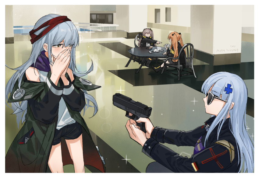 404_(girls'_frontline) 4girls blue_hair blush boots brown_eyes brown_hair card chair coat covering_own_mouth dress faceless faceless_female g11_(girls'_frontline) girls'_frontline grey_hair gun hair_ornament handgun highres hk416_(girls'_frontline) holding holding_gun holding_weapon kneeling long_hair multiple_girls mush off-shoulder_dress off_shoulder orange_hair playing_card pointing shorts sitting sunglasses table twintails ump45_(girls'_frontline) ump9_(girls'_frontline) weapon