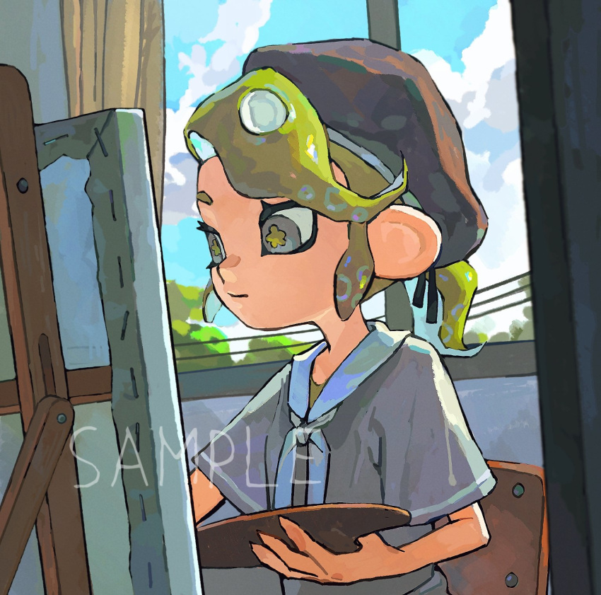 1girl beret black_hat blue_neckerchief blue_sailor_collar canvas_(object) closed_mouth commission easel flower-shaped_pupils green_hair green_pupils grey_eyes grey_serafuku grey_shirt hat highres holding holding_palette looking_at_object low_ponytail miko_(15476997) neckerchief octoling octoling_girl octoling_player_character on_chair painting_(action) palette_(object) sailor_collar sample_watermark school_uniform serafuku shirt short_sleeves sidelocks sitting solo splatoon_(series) suction_cups swept_bangs symbol-shaped_pupils tentacle_hair upper_body watermark wide_sleeves window