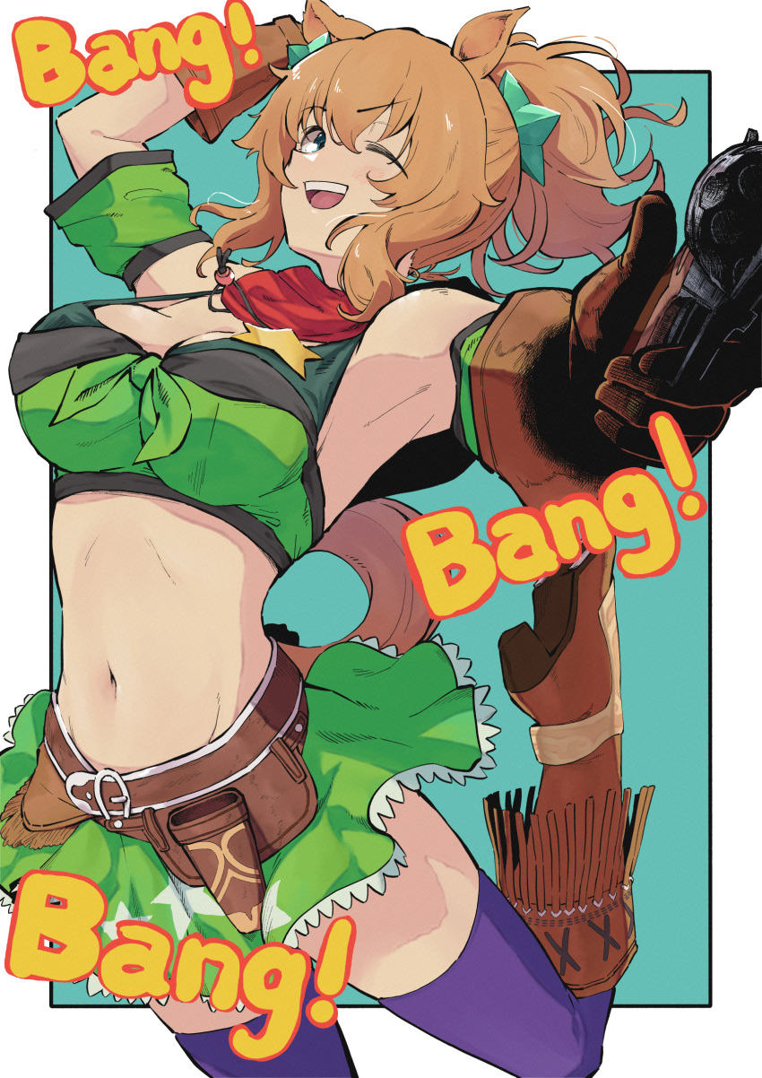 1girl animal_ears armband bandeau bare_shoulders blue_eyes breasts brown_gloves brown_hair bullet cleavage collarbone colt_single_action_army commentary_request cowboy_hat cowboy_shot gloves green_armband green_background green_bandeau gun hair_between_eyes hair_ornament hand_up hat hat_on_back highres holding holding_bullet holding_gun holding_weapon holster horse_ears horse_girl long_hair looking_at_viewer maharu66 medium_breasts midriff navel open_mouth ponytail purple_thighhighs red_scarf revolver scarf sheriff_badge sidelocks skirt smile solo sound_effects standing star_(symbol) star_hair_ornament taiki_shuttle_(umamusume) teeth thighhighs umamusume upper_teeth_only weapon