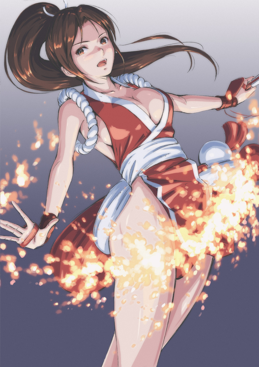 1girl absurdres bare_shoulders breasts brown_hair cleavage collarbone fatal_fury fire grey_background hand_fan high_ponytail highres holding holding_fan japanese_clothes medium_breasts ninja open_mouth orange_eyes parted_bangs pelvic_curtain revealing_clothes shiranui_mai sleeveless snk solo the_king_of_fighters thighs tyanoki