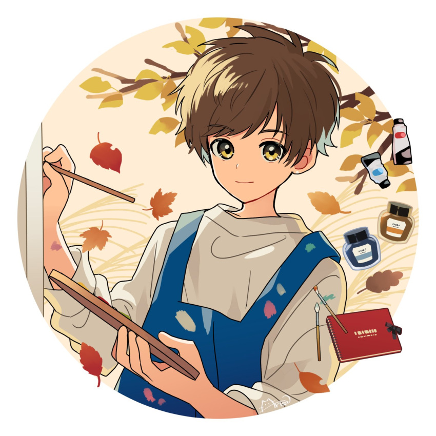 1boy apron arisa_(aren) blue_apron border brown_hair closed_mouth grey_sweater hands_up highres holding holding_palette leaf light_smile looking_at_viewer male_focus original paint paint_stains paintbrush palette_(object) round_image short_hair signature sleeves_past_elbows solo sweater upper_body white_border yellow_eyes