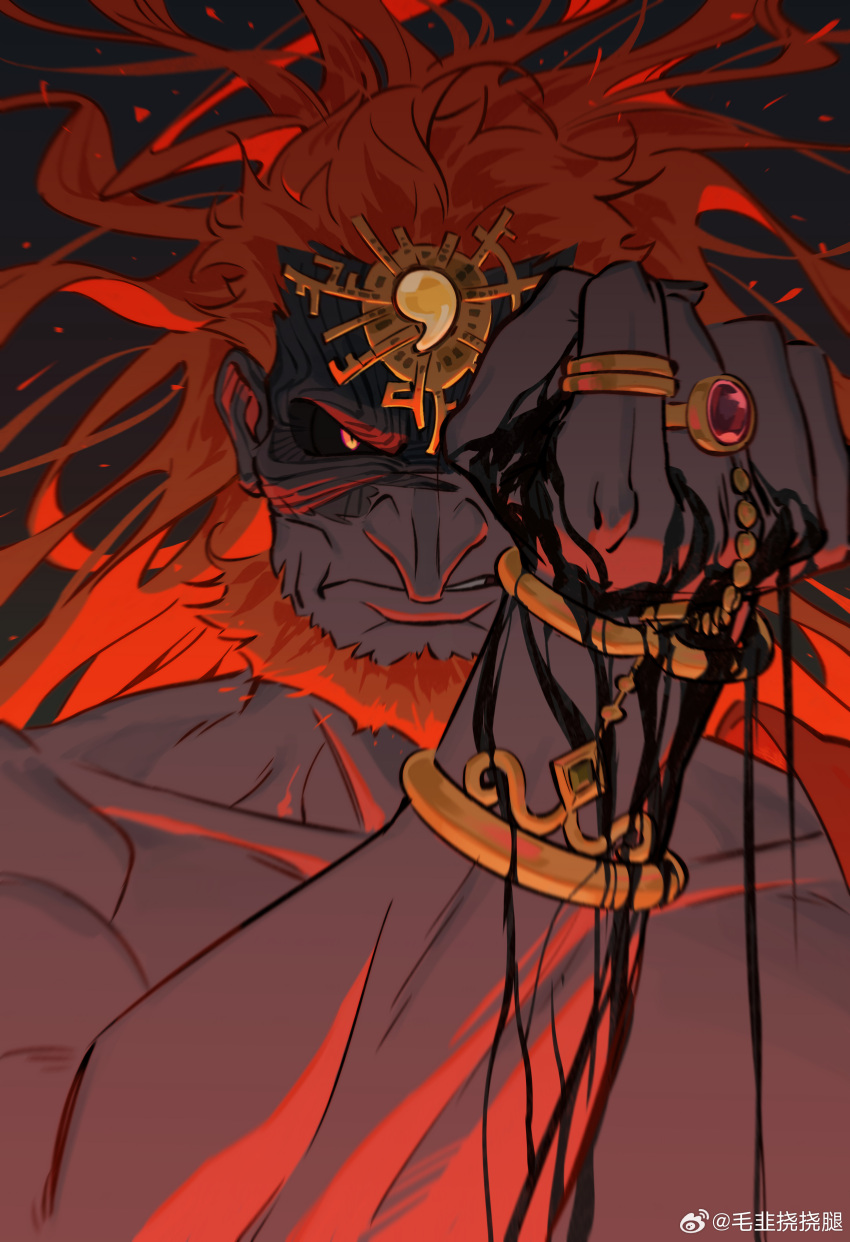 1boy absurdres bara beard black_sclera colored_sclera dark-skinned_male dark_skin facial_hair frown full_beard ganondorf highres jewelry large_pectorals long_hair looking_at_viewer male_focus maotuiii mature_male monster_boy muscular muscular_male ornate_ring pectorals pointy_ears prehensile_hair raised_fist red_hair ring serious solo the_legend_of_zelda thick_beard thick_eyebrows upper_body wrinkled_skin