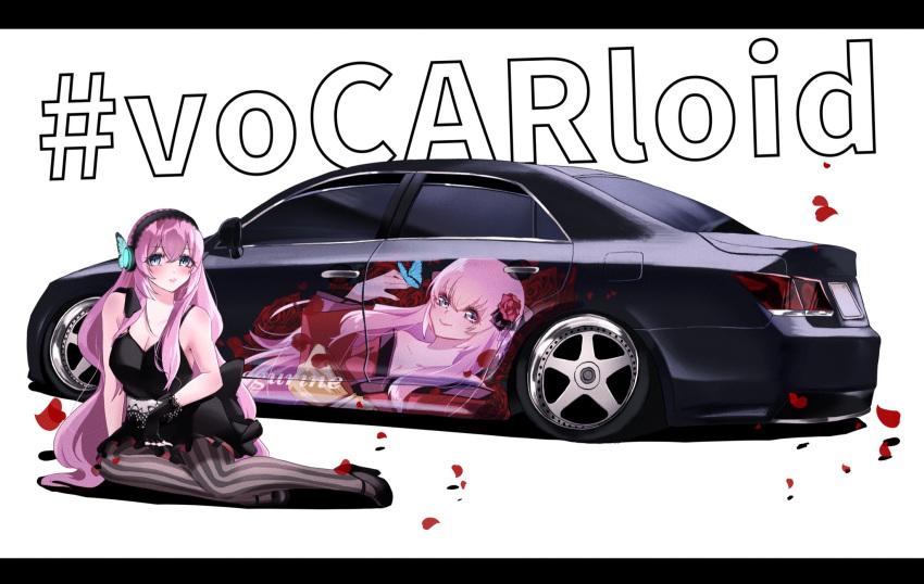 1girl black_dress black_gloves black_pantyhose blue_eyes blush breasts car cleavage dress gloves headphones highres itasha letterboxed long_hair looking_at_viewer magnet_(vocaloid) medium_breasts megurine_luka motor_vehicle mugi_(marineblue134) pantyhose petals pun shadow sitting smile solo striped_clothes striped_pantyhose toyota toyota_crown vehicle_focus very_long_hair vocaloid white_background