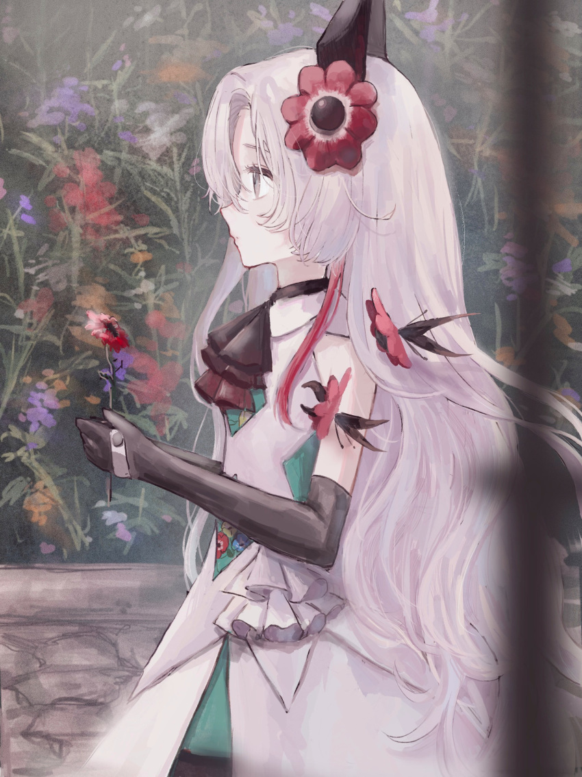 1girl absurdres ascot creature dress elbow_gloves expressionless familiar flower gloves grey_dress grey_eyes grey_hair hair_flower hair_ornament headgear highres holding holding_flower isekai_joucho kamitsubaki_studio long_hair looking_to_the_side multicolored_hair profile red_flower red_hair ria_(rian_0210) solo two-tone_hair very_long_hair virtual_youtuber