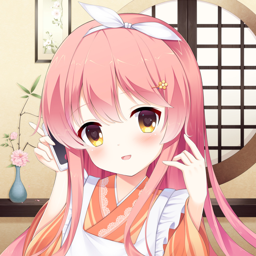 1girl :d apron architecture blush close-up commentary east_asian_architecture fengli_(709622571) hair_between_eyes hair_ribbon hands_up happy heart heart-shaped_pupils highres holding holding_phone indoors japanese_clothes kimono kurama_koharu long_hair long_sleeves looking_at_viewer maid maid_apron official_alternate_costume official_alternate_hairstyle open_mouth orange_kimono phone picture_frame pink_hair plant portrait potted_plant ribbon senren_banka smile solo straight_hair symbol-shaped_pupils wa_maid white_apron white_ribbon wide_sleeves yellow_eyes
