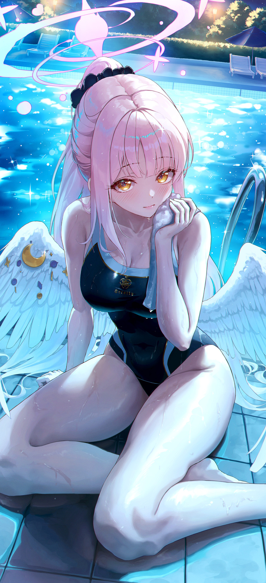 1girl absurdres angel_wings bare_arms bare_legs bare_shoulders barefoot blue_archive blush bow breasts cleavage closed_mouth collarbone competition_swimsuit covered_navel dress feathered_wings hair_between_eyes hair_bun hair_ornament halo hhl_(ggul80hg58) highres large_breasts long_hair looking_at_viewer medium_breasts mika_(blue_archive) one-piece_swimsuit outdoors parted_lips pink_hair pink_halo ponytail pool poolside ribbon school_swimsuit sidelocks single_side_bun sitting smile solo swimsuit thighs very_long_hair water wet white_dress white_wings wings yellow_eyes