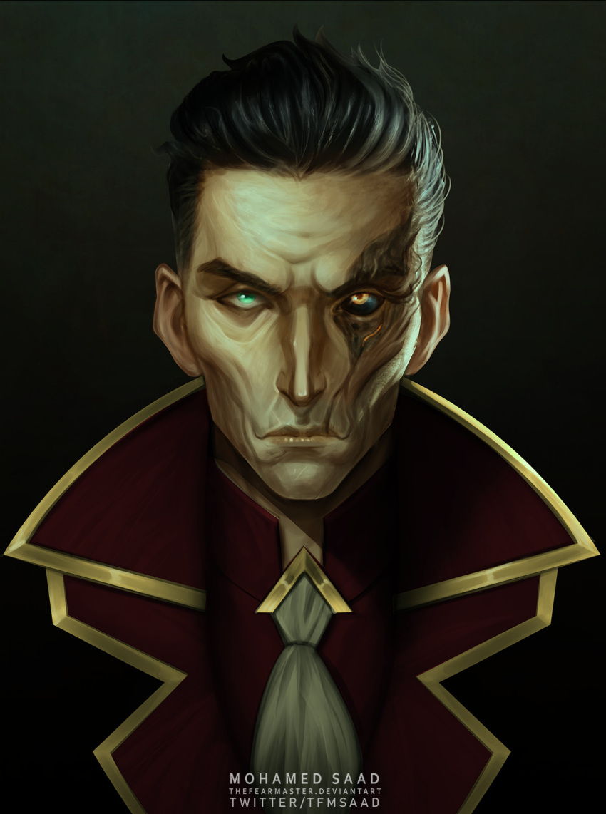 1boy arcane:_league_of_legends artist_name ascot black_sclera closed_mouth colored_sclera commentary deviantart_username english_commentary green_eyes grey_ascot hair_slicked_back highres league_of_legends mismatched_pupils portrait red_shirt scar scar_across_eye scar_on_face shirt short_hair silco_(arcane) simple_background solo thefearmaster twitter_username yellow_eyes