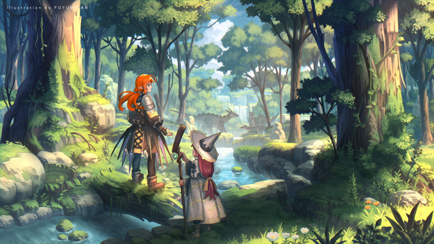 2girls armor artist_name blue_eyes brown_footwear brown_hair cape concept_art day dinosaur eye_contact fantasy fingerless_gloves flower forest gloves hat highres holding holding_staff log looking_at_another moss multiple_girls nagi_itsuki nature orange_hair original pointy_ears river rock scenery sheath sheathed staff standing tree wizard_hat
