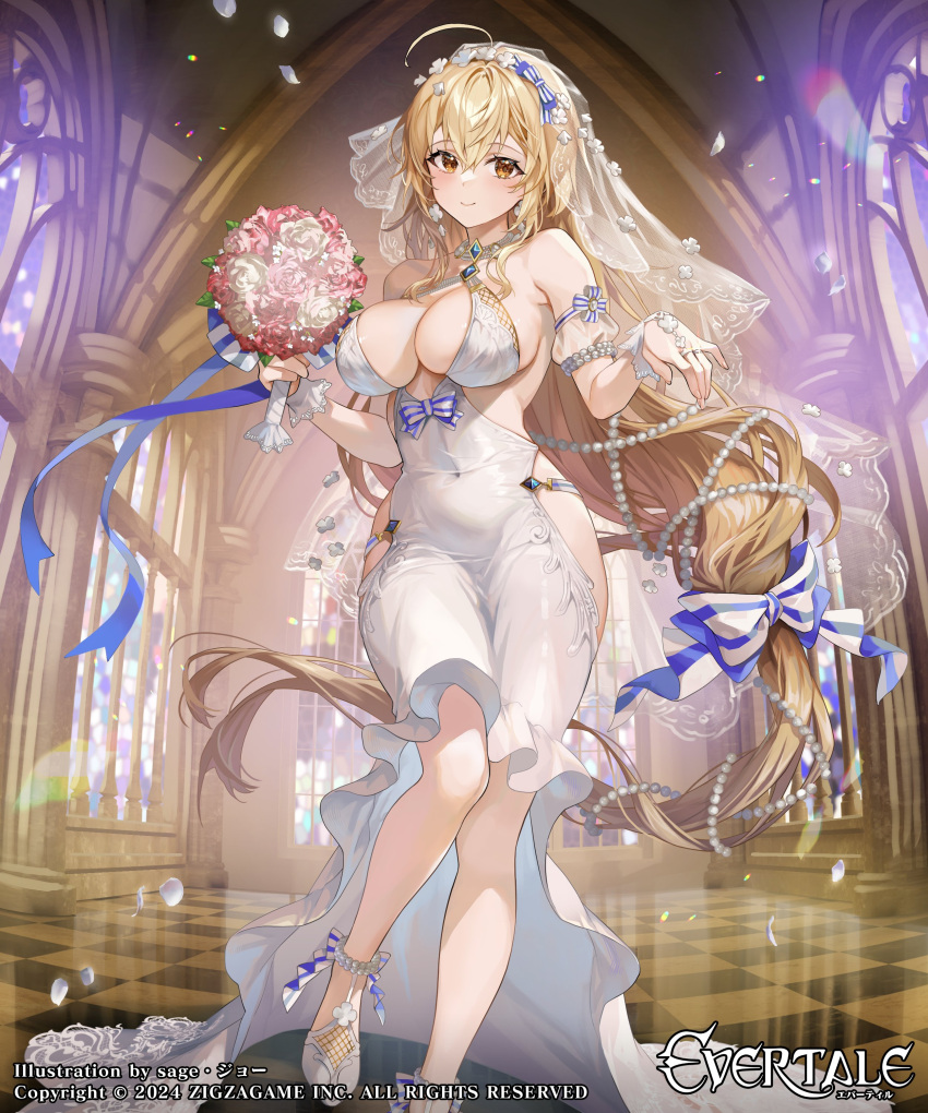 1girl absurdres bare_shoulders blonde_hair blush bouquet breasts character_request closed_mouth copyright_name covered_navel dress evertale flower highres holding holding_bouquet indoors large_breasts long_hair looking_at_viewer sage_joh see-through smile solo standing veil very_long_hair white_dress