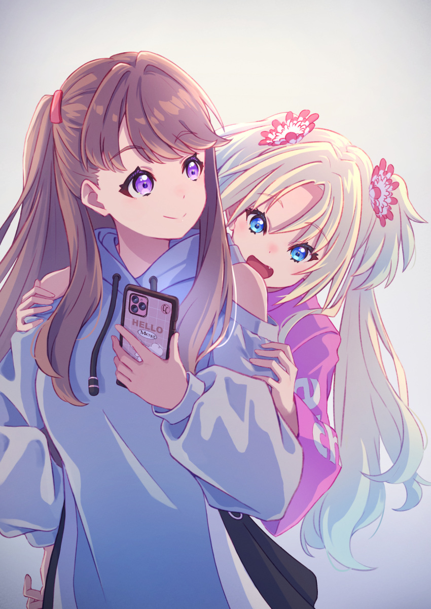 2girls behind_another blonde_hair blue_eyes blue_hair brown_hair casual cellphone closed_mouth clothing_cutout commentary_request flower fujishima_megumi gradient_hair hair_flower hair_ornament hand_on_another's_arm hand_on_another's_shoulder hand_on_own_hip highres hood hoodie link!_like!_love_live! long_hair long_sleeves looking_at_another looking_at_phone love_live! macken mira-cra_park! multicolored_hair multiple_girls open_mouth osawa_rurino parted_bangs phone pink_shirt purple_eyes shirt shoulder_cutout sidelocks smartphone twintails two-tone_hair two_side_up upper_body virtual_youtuber white_flower white_hoodie