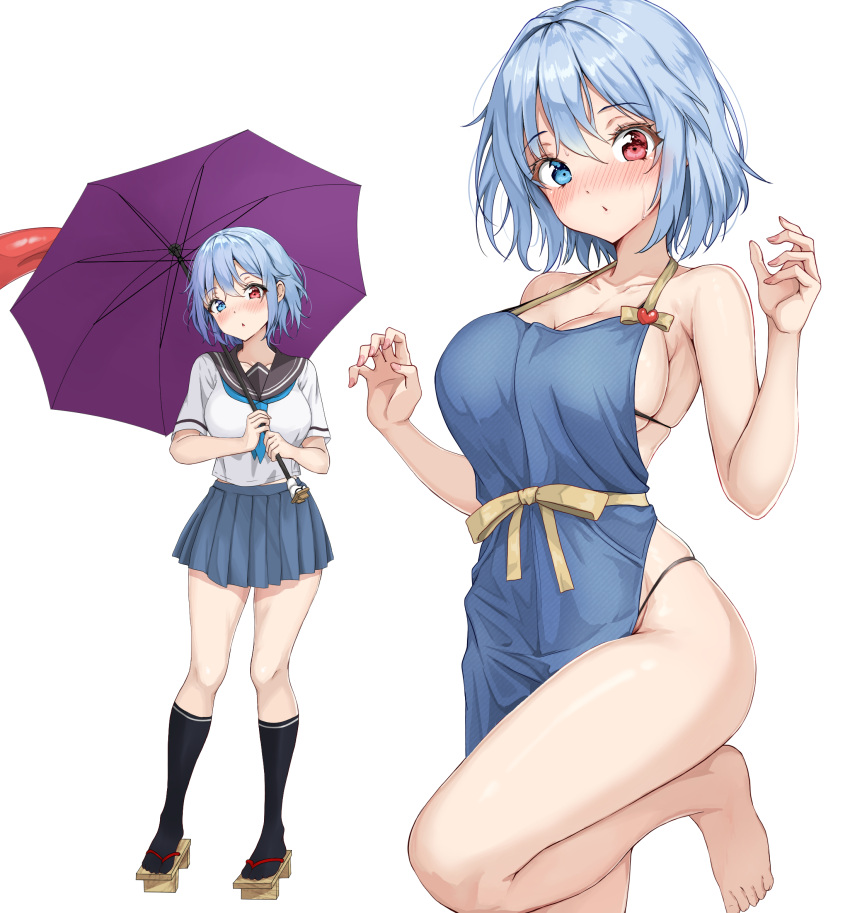 alternate_costume amagi_(amagi626) apron blue_apron blue_eyes blue_hair blue_neckerchief blue_skirt blush breasts cleavage curious embarrassed full_body groin hair_between_eyes hands_up heart-shaped_ornament heterochromia highres holding holding_umbrella kneehighs large_breasts medium_hair midriff_peek miniskirt multiple_views naked_apron neckerchief open_mouth parted_lips pleated_skirt red_eyes sailor_collar sandals school_uniform serafuku short_hair skirt socks standing standing_on_one_leg staring tatara_kogasa thighs touhou umbrella