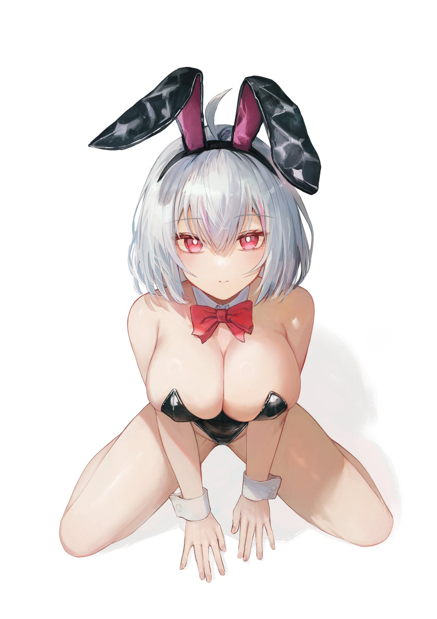 1girl absurdres animal_ears between_legs black_leotard bow bowtie breasts bright_pupils character_request cleavage closed_mouth commentary commission copyright_request detached_collar fake_animal_ears flippy_(cripine111) grey_hair hand_between_legs highres large_breasts leotard looking_at_viewer playboy_bunny rabbit_ears red_bow red_bowtie red_eyes short_hair simple_background sitting solo strapless strapless_leotard white_background white_pupils white_wrist_cuffs wrist_cuffs
