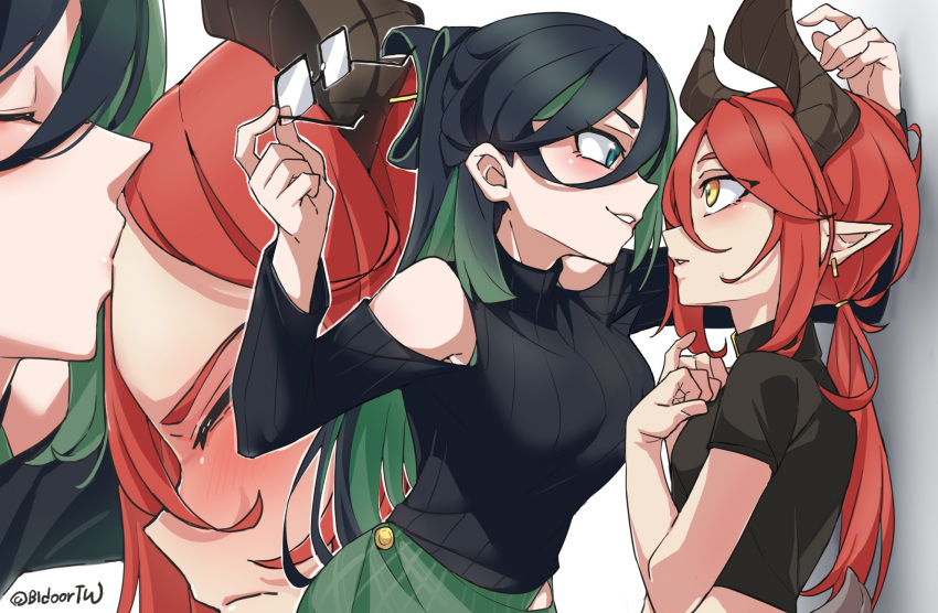 2girls against_wall bidortw black_hair blush breasts chinese_commentary clothing_cutout commentary_request cropped_shirt demon_girl demon_horns earrings folded_ponytail frown green_eyes green_hair green_skirt highres holding holding_removed_eyewear horns jewelry kabedon kiss kissing_forehead kombu_(springfish) large_breasts multicolored_hair multiple_girls original pointy_ears red_hair ribbed_sweater short_tail shoulder_cutout skirt small_breasts smile springfish_studio sweater tail two-tone_hair unworn_eyewear yellow_eyes yuri