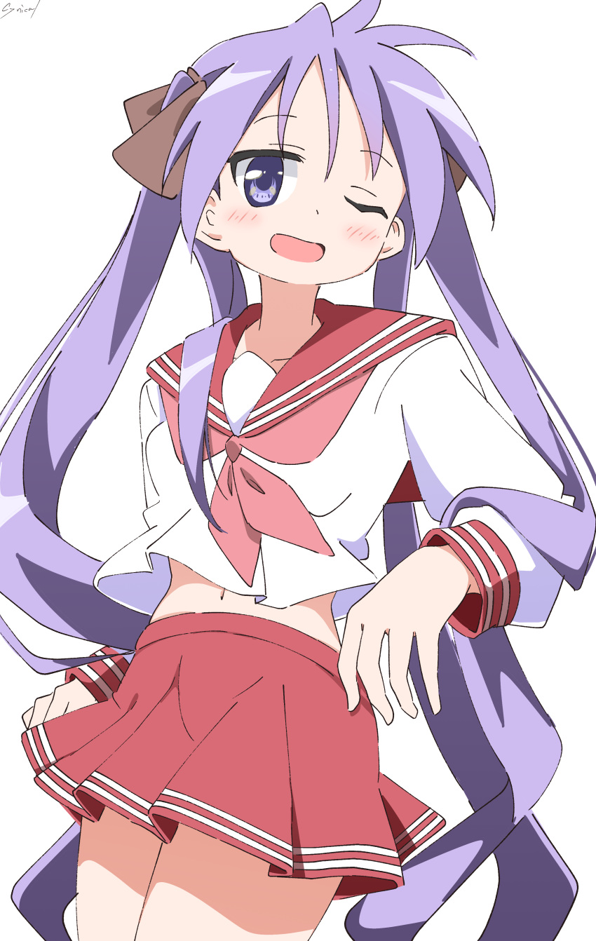 1girl absurdres blouse blush cynical_(llcbluckg_c004) hair_ribbon highres hiiragi_kagami long_hair long_sleeves lucky_star navel neckerchief one_eye_closed open_mouth pleated_skirt purple_eyes purple_hair red_neckerchief red_skirt ribbon ryouou_school_uniform sailor_collar school_uniform serafuku shirt signature skirt solo standing white_background white_shirt