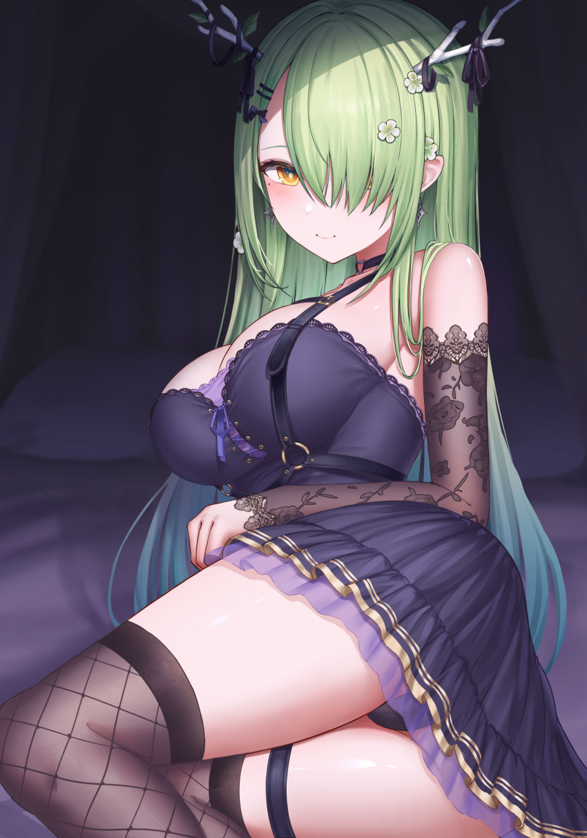 1girl antlers black_choker black_dress black_panties black_sleeves blush breasts ceres_fauna ceres_fauna_(goth) choker detached_sleeves dress dudunia fishnet_thighhighs fishnets flower green_hair hair_flower hair_ornament hair_over_one_eye heart_o-ring highres hololive hololive_english horns large_breasts long_hair looking_at_viewer mole mole_under_eye o-ring o-ring_choker official_alternate_costume panties sleeveless sleeveless_dress solo thigh_strap thighhighs underwear virtual_youtuber yellow_eyes