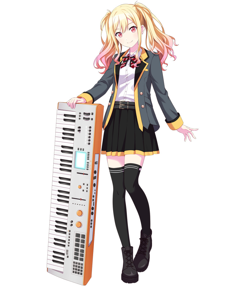 1girl belt black_bow black_bowtie black_skirt black_thighhighs blonde_hair bow bowtie full_body gradient_hair grey_jacket highres holding holding_instrument instrument jacket keyboard_(instrument) looking_at_viewer multicolored_bowtie multicolored_hair non-web_source official_art pink_eyes pink_hair pleated_skirt project_sekai red_bow red_bowtie shirt skirt smile solo striped_bow striped_bowtie striped_clothes tachi-e tenma_saki thighhighs transparent_background twintails white_shirt