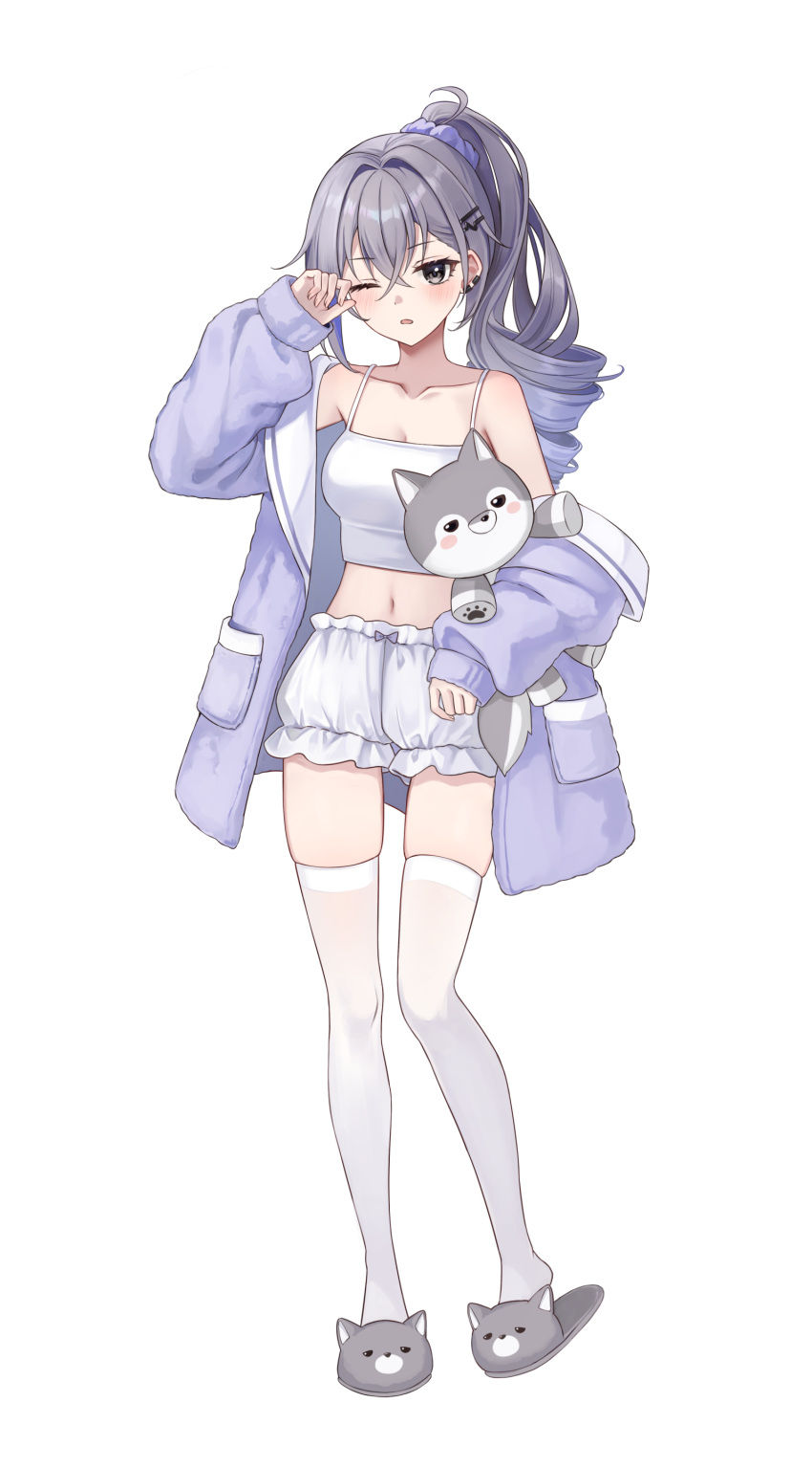 1girl absurdres animal_slippers bare_shoulders blush drill_hair grey_hair highres honkai:_star_rail honkai_(series) long_hair one_eye_closed open_mouth ponytail pora_0918 silver_wolf_(honkai:_star_rail) simple_background sleepwear slippers solo stuffed_animal stuffed_toy thighhighs white_background white_thighhighs