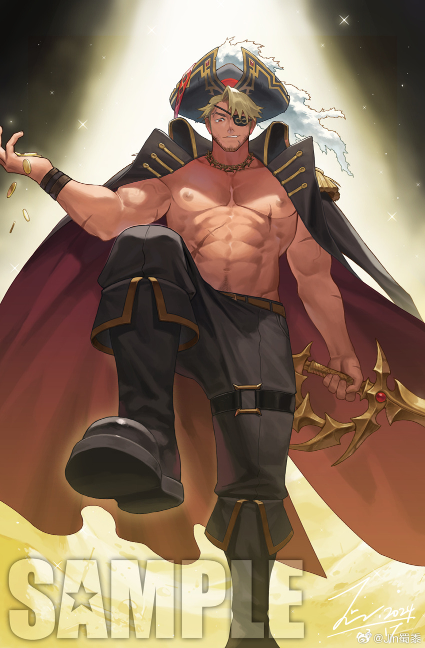 1boy abs bara bare_pectorals beard_stubble belt coin commission dark-skinned_male dark_skin eugene_kidd facial_hair foreshortening hat highres holding holding_sword holding_weapon jin_(sirius-j) large_pectorals male_focus mature_male muscular muscular_male navel navel_hair nipples original outstretched_leg pectorals pirate_hat rich solo stomach stubble sword thick_eyebrows weapon