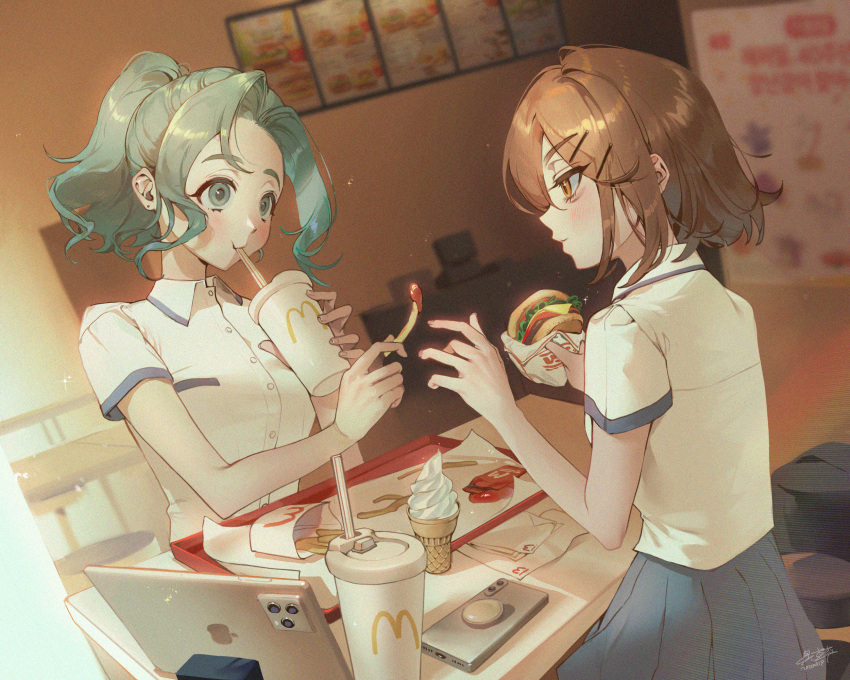 2girls aqua_eyes aqua_hair baekryang blue_skirt blush brown_eyes brown_hair burger dated drinking drinking_straw drinking_straw_in_mouth earrings eyelashes fast_food food french_fries from_side hair_ornament hairpin highres holding holding_food ice_cream indoors ipad jewelry ketchup light_particles long_hair looking_at_another mcdonald's menu menu_board multiple_girls original phone pleated_skirt ponytail poster_(object) profile restaurant school_uniform short_hair signature sitting skirt smile stud_earrings table tablet_pc tray upper_body wavy_ends