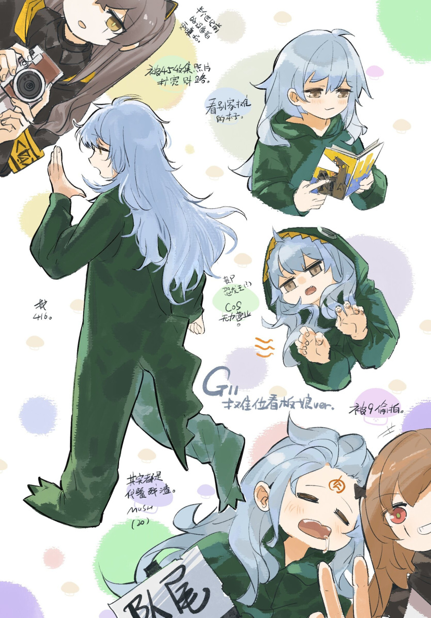 3girls :d blush body_writing brown_eyes brown_hair camera chinese_text closed_eyes dinosaur_costume drooling fangs g11_(girls'_frontline) girls'_frontline grey_hair grin highres holding holding_camera long_hair multiple_girls mush scar scar_across_eye sleeping smile translation_request ump45_(girls'_frontline) ump9_(girls'_frontline)