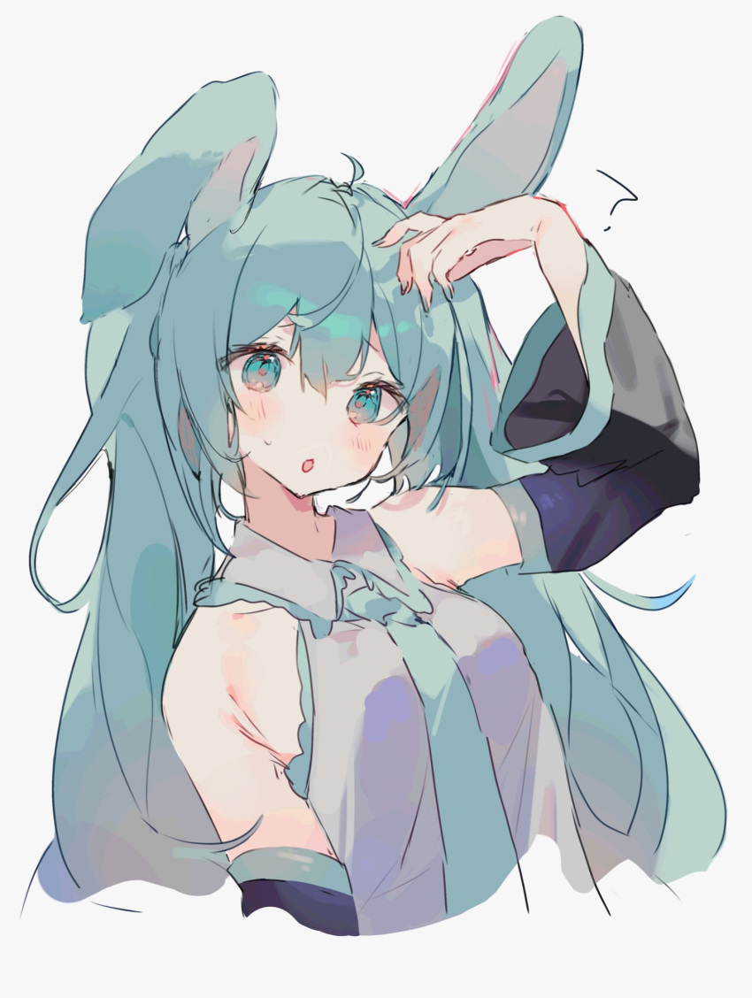 1girl ? ahoge animal_ears aqua_eyes aqua_hair aqua_nails arm_up bare_shoulders blue_necktie blush collared_shirt detached_sleeves grey_background hatsune_miku highres long_hair necktie o_(jshn3457) open_mouth rabbit_ears shirt simple_background sleeveless sleeveless_shirt sweat twintails vocaloid