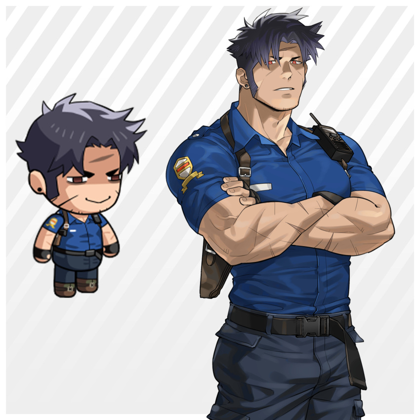 1boy absurdres bara cargo_pants character_request chibi cowboy_shot crossed_arms empty_eyes ero_condo forearms highres kienbiu long_sideburns male_focus muscular muscular_male official_alternate_costume paid_reward_available pants parted_lips pectorals police police_uniform policeman scar scar_on_face scar_on_forehead short_hair sideburns simple_background solo sparse_stubble standing uniform