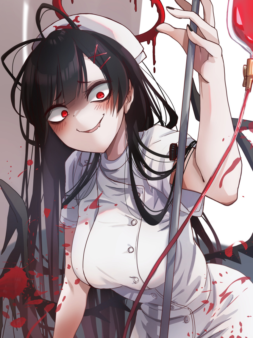 1girl antenna_hair bags_under_eyes black_hair black_wings blood blood_bag blue_archive blush dress fingernails halo hat highres komena_(shinyday312) leaning_forward looking_at_viewer melting_halo nail_polish nurse nurse_cap red_eyes red_halo short_sleeves smile solo tsurugi_(blue_archive) up_sleeve white_dress wings