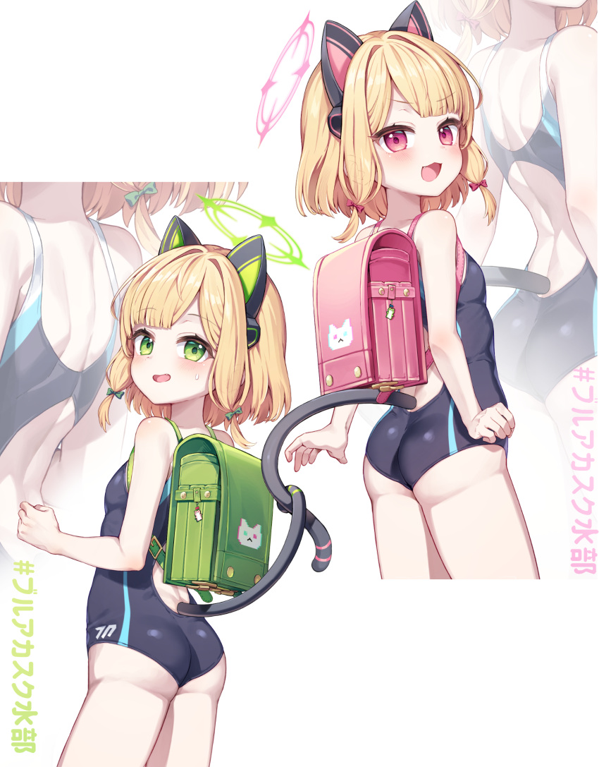 2girls :3 animal_ear_headphones animal_ears ass back_cutout backpack bag bare_arms bare_legs bare_shoulders black_one-piece_swimsuit blonde_hair blue_archive blush bow breasts cat cat_ear_headphones cat_ears cat_tail clothing_cutout competition_swimsuit cowboy_shot fake_animal_ears fang flat_chest from_behind green_bow green_eyes green_halo hair_bow hair_ribbon halo headphones highres looking_at_viewer looking_back medium_hair midori_(blue_archive) momoi_(blue_archive) mono_(mono_mon) multiple_girls one-piece_swimsuit open_mouth pink_bag pink_eyes pink_halo pink_ribbon randoseru ribbon school_swimsuit short_hair siblings sidelocks simple_background sisters small_breasts smile swimsuit tail thighs translation_request twins white_background zoom_layer