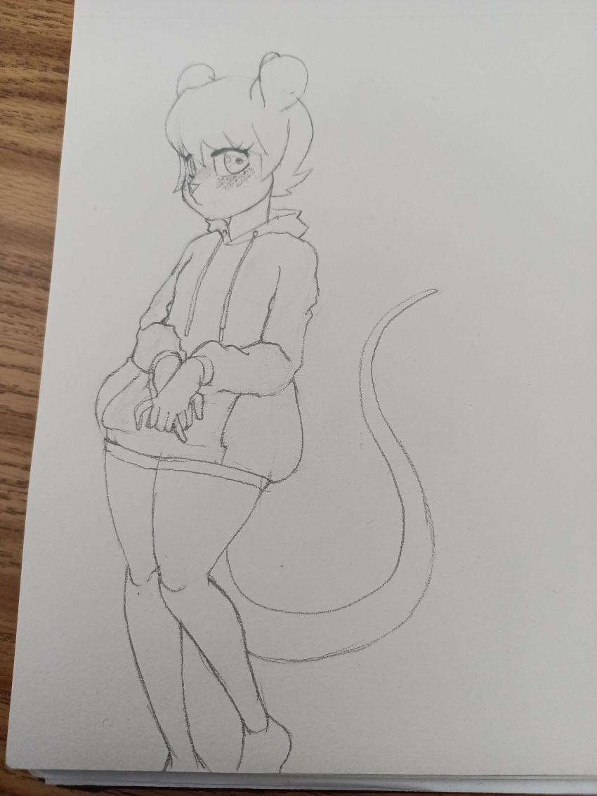 absurd_res anthro blush clothing crossed_wrists girly hi_res hoodie iyvanthedotty male mammal murid murine nico_(labrattt) oversized_clothing oversized_hoodie oversized_topwear rat rodent shy sketch solo topwear traditional_media_(artwork)