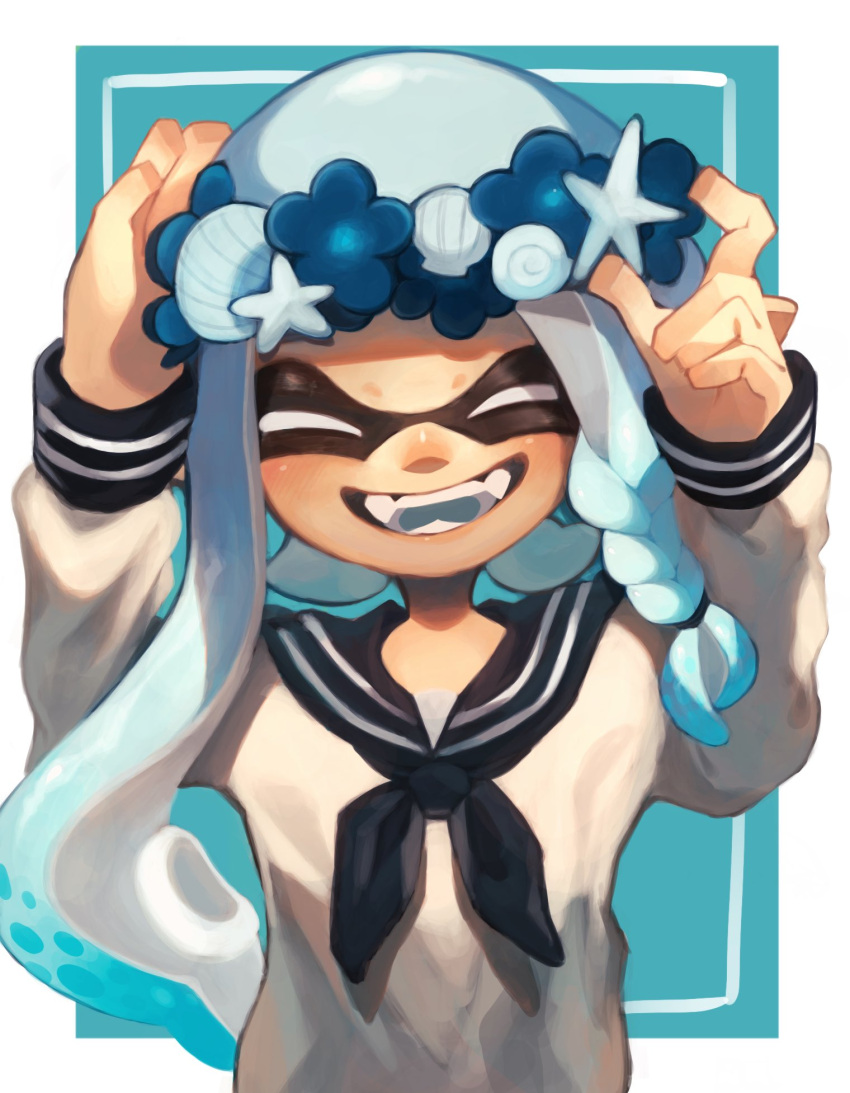 1girl aqua_background arms_up asymmetrical_hair blue_flower blue_hair blue_sailor_collar blue_tongue border braid closed_eyes colored_tongue facing_viewer fangs flower hair_tie hand_on_headwear hand_on_own_head happy head_wreath highres inkling inkling_girl inkling_player_character long_hair long_sleeves neckerchief open_mouth outside_border sailor_collar sailor_shirt seashell shell shirt single_braid solo splatoon_(series) splatoon_3 takiitoon tentacle_hair upper_body white_border white_shirt